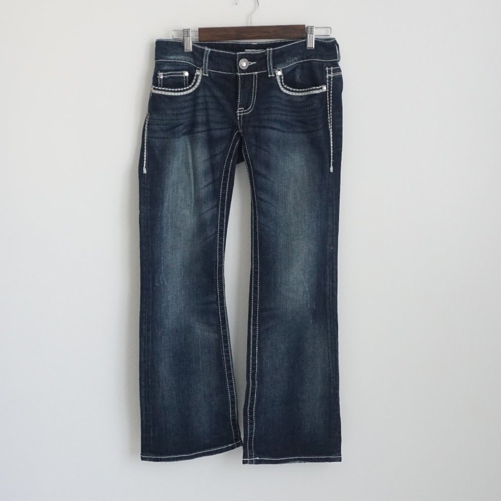 Dark Wash Rhinestone Embellished Boot Cut Jeans 28S